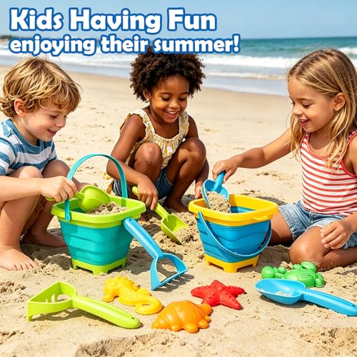 VGY Space-Saving Beach Toys for Kids,2 Collapsible Sand Buckets with Shovels,Rakes,Molds & Mesh Beach Bag,Portable Travel Sandbox Toys for Toddlers Ages 3-10