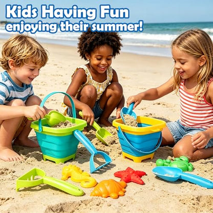 VGY Space-Saving Beach Toys for Kids,2 Collapsible Sand Buckets with Shovels,Rakes,Molds & Mesh Beach Bag,Portable Travel Sandbox Toys for Toddlers Ages 3-10