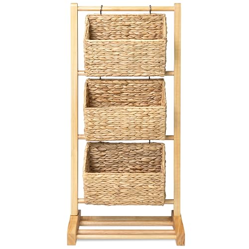 HOMESTEAD 3-Tier Wooden Shelf with Water Hyacinth Woven Baskets – Rattan Shelf Basket, Boho Room Decor, Wooden Book Shelf, Bathroom Storage Shelves, Kitchen, Laundry, Living Room (Natural) - color: Natural