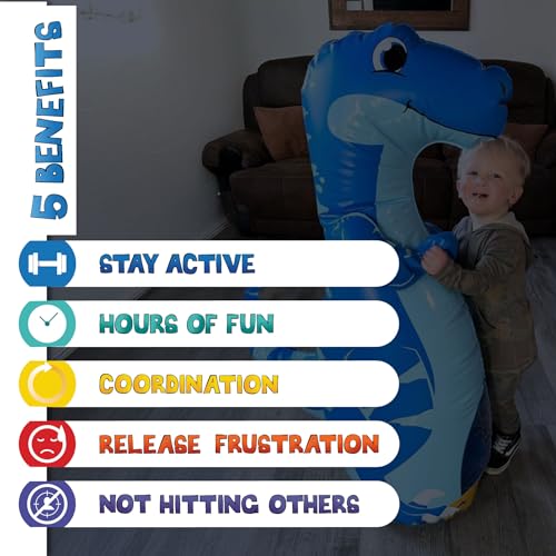 INFLATABLE DUDES Kids Punching Bag- Bop Bag | Sand-Base - color: Blue Raptor | Pre-filled with Sand, size: 47"