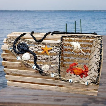 Decorative Lobster Trap Nautical Coastal Decor – Distressed Wood with Fishnet, Seashells, Crab & Starfish Accents – Perfect Beach House, Boat Decoration – Unique Ocean-Themed Gift for Sea Lovers