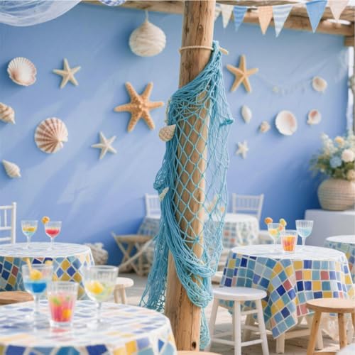 ITEFDTUTNE Natural Fishing Net Decor with Shells, Soft Cotton Rope Ocean Themed Mesh Wall Hanging Fish Net Decoration for Home Wedding Birthday Party Beach (Blue)