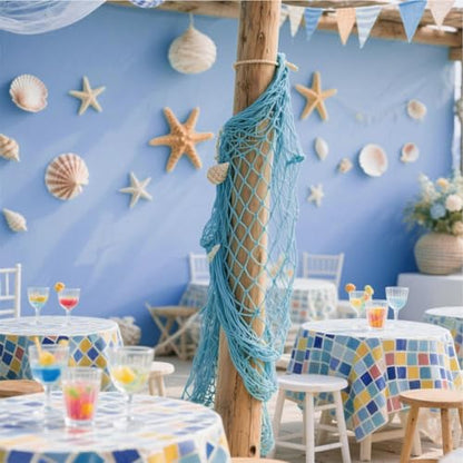 ITEFDTUTNE Natural Fishing Net Decor with Shells, Soft Cotton Rope Ocean Themed Mesh Wall Hanging Fish Net Decoration for Home Wedding Birthday Party Beach (Blue)