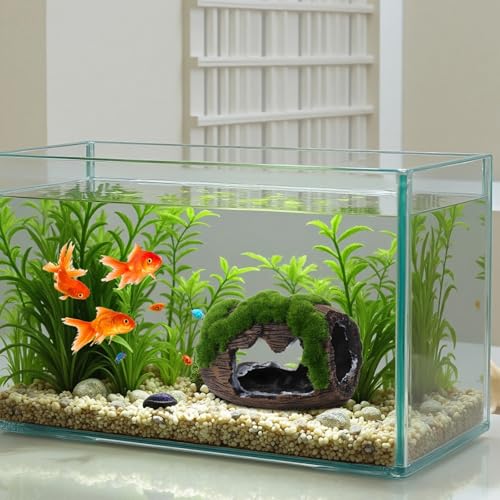 Brown Barrel Fish Tank Ornament, 12 Cm Aquarium Decoration with Mossy Accent, Resin Fish Cave for Shelter