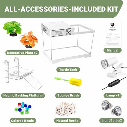 GOZILLA Mini Aquatic Turtle Tank Kit with Adjustable Lamp,PC Turtle Tank Starter Kit,Small Hermit Crab Tanks with Lid, Hanging Platform for Baby Turtles,Crabs,Fish.(11.8×7.24×7.1''/White Kit)