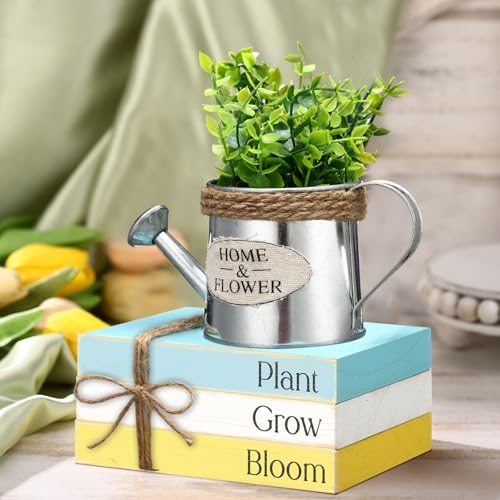 4 Pcs Spring Table Centerpieces Decorations Farmhouse Tiered Tray Decor Kettle Eucalyptus Fake Book Stack Decor Spring Decoration for Home Wooden Block Sign for Desk Tabletop Shelf Indoor - style: Fresh
