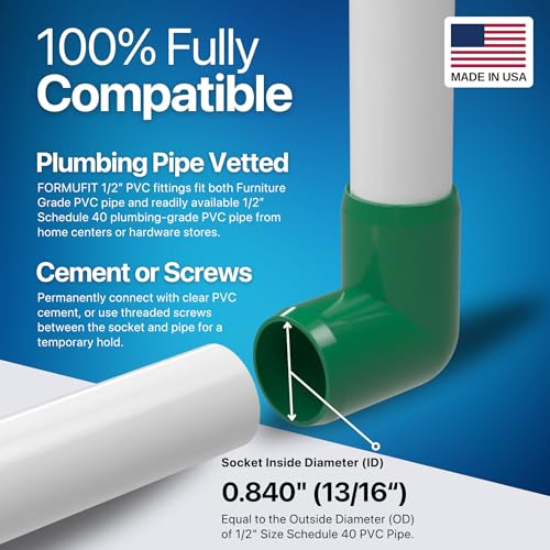 1/2” 90 Degree Elbow Furniture Grade PVC Fitting in Green, Made in USA, UV-Resistant, Impact-Proof, 0.840” Actual Socket Diameter (Pack of 10) - F01290E-GR-10 - color: Green