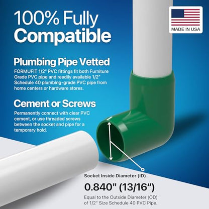 1/2” 90 Degree Elbow Furniture Grade PVC Fitting in Green, Made in USA, UV-Resistant, Impact-Proof, 0.840” Actual Socket Diameter (Pack of 10) - F01290E-GR-10 - color: Green
