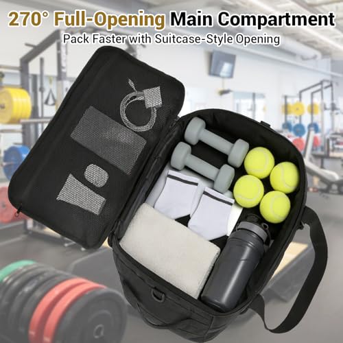 kokkoya 40L Tactical Gym Duffel Bag Molle Backpack for Men Travel | Main compartment opens 270 degrees. Hidden straps enable hand, shoulder and backpack carry with MOLLE organization system