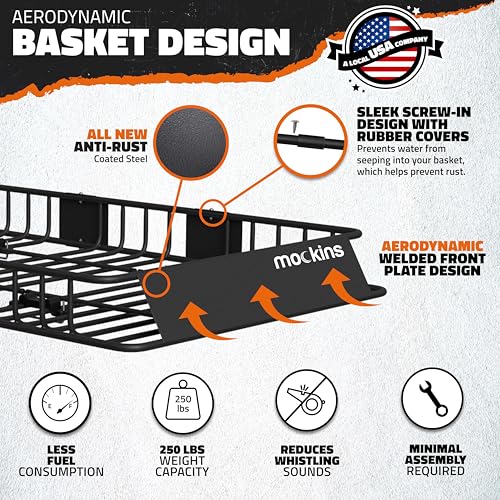 Mockins 64"x39"x6" Extendable Heavy Duty Roof Rack Basket & 16 Cu Ft Waterproof Cargo Bag for Top of Car | 250 Lbs Capacity Steel Rooftop Cargo Carrier for Top of Vehicle with Roof Basket Accessories - size: Basket+Bag: 64"x39"x6"