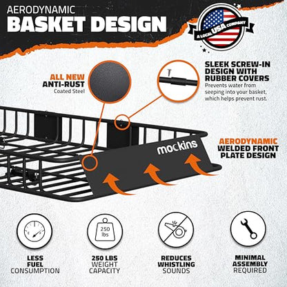 Mockins 64"x39"x6" Extendable Heavy Duty Roof Rack Basket & 16 Cu Ft Waterproof Cargo Bag for Top of Car | 250 Lbs Capacity Steel Rooftop Cargo Carrier for Top of Vehicle with Roof Basket Accessories - size: Basket+Bag: 64"x39"x6"