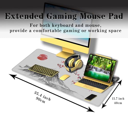 Large Mouse Pads White, Home Office Desk Pad Gaming Mat, Desk Mat Large Non-Slip Rubber Base Waterproof with Stitched Edges, 35.4 X 15.7 inch for Work/Game/Office Japan Traditional Painting - color: Japan Traditional Painting