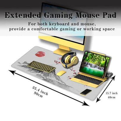 Large Mouse Pads White, Home Office Desk Pad Gaming Mat, Desk Mat Large Non-Slip Rubber Base Waterproof with Stitched Edges, 35.4 X 15.7 inch for Work/Game/Office Japan Traditional Painting - color: Japan Traditional Painting