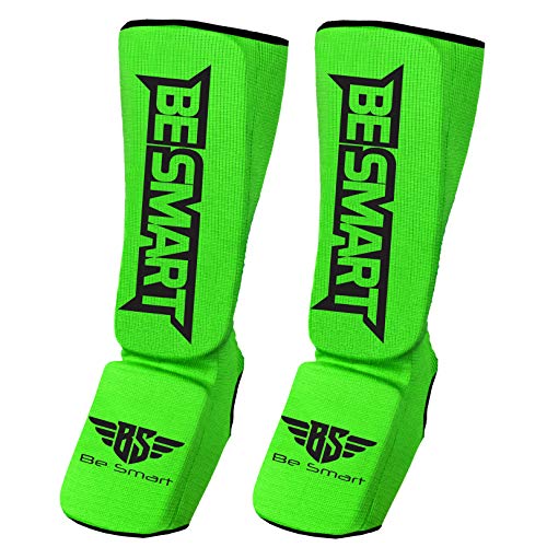 Be Smart Kids, Adults, Youth, Men and Women Muay Thai MMA Kickboxing Shin Guards, Instep Guard Training, Sparring Protective Gear Equipment Shin Kick Pads - color: Green, size: XXS ( 9 to 13 Years )