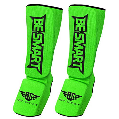 Be Smart Kids, Adults, Youth, Men and Women Muay Thai MMA Kickboxing Shin Guards, Instep Guard Training, Sparring Protective Gear Equipment Shin Kick Pads - color: Green, size: XXS ( 9 to 13 Years )
