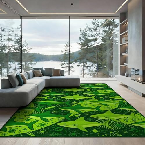 8'x10' Washable Graphic Shark Large Rug, Bright Green Non-Shedding Pet Friendly Carpet for King Size Bedroom, Master Suite, Under Bed, Foldable Easy Care Mat | Ref:2068607 - color: Green/Pattern 48, size: 8' x 10' (Rectangular)