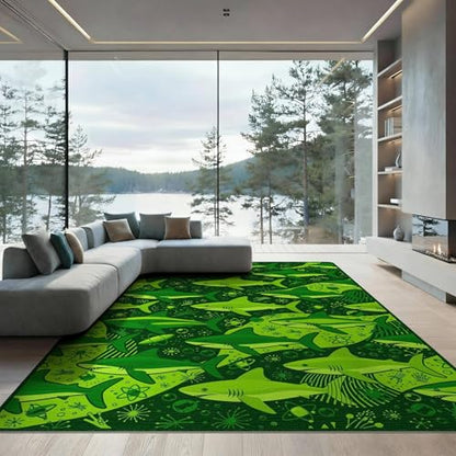 8'x10' Washable Graphic Shark Large Rug, Bright Green Non-Shedding Pet Friendly Carpet for King Size Bedroom, Master Suite, Under Bed, Foldable Easy Care Mat | Ref:2068607 - color: Green/Pattern 48, size: 8' x 10' (Rectangular)