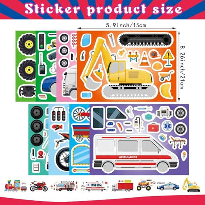 DUJAA 24 Sheets Vehicle Stickers for Kids, Make Your Own Police Car, Ambulance, Truck, Train, Motorcycles Engineering Vehicle Stickers for Toddlers, Brithday Party Supplies Classroom Teacher Reward - style: Vehicle