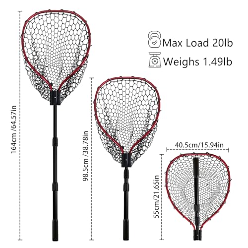 Telescoping Metal Lock Fishing Net with Handle Red Green 64" 52" Rubber Fish Net - Adjustable Length Lightweight Foldable Large Big Collapsible Extendable Fishing Net - color: upgraded metal lock(3-section pole)