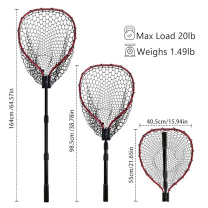 Telescoping Metal Lock Fishing Net with Handle Red Green 64" 52" Rubber Fish Net - Adjustable Length Lightweight Foldable Large Big Collapsible Extendable Fishing Net - color: upgraded metal lock(3-section pole)