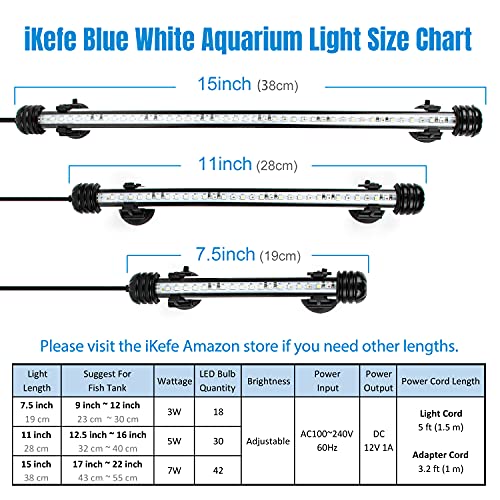 7.5" White & Blue Submersible LED Aquarium Fish Tank Light with Timer/Dimmable Underwater Fish Tank Aquarium LED Lights Fixture for Saltwater Freshwater Fish, Plant Grow, Coral Reef Decorations