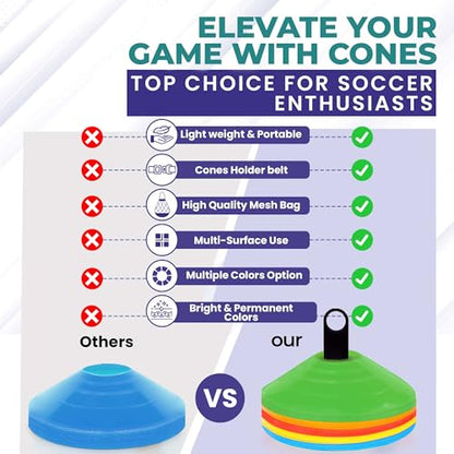 Soccer Cones 100/50/25 Pack with Carry Bag & Holder Five Colors | Agility Disc Cones Set for Training | Sports Practice Equipment for Soccer, Football, Basketball, Coaching & Speed