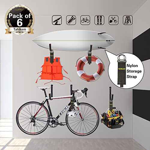 6 Pack 7-Inch Wall Mount Garage Storage Hooks for Ladder & Tools | Wall Mounted, Rust Resistant,Hooks with Installation, J Hooks for Ladder, Bike, Cable Bracket(Max 30 lbs) - size: 7 Inch- 6 Set