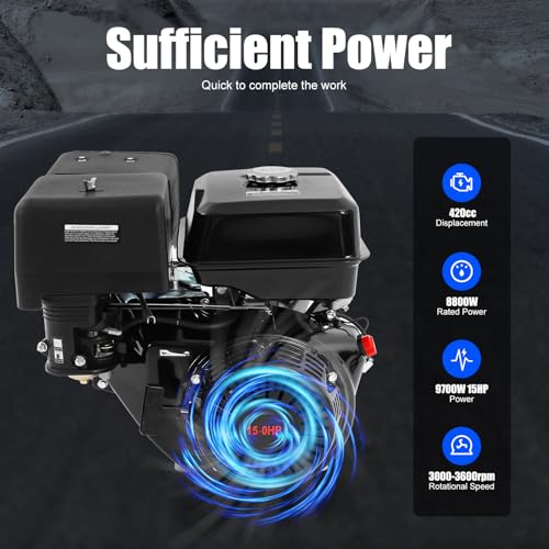 15HP 4-Stroke Gas Engine 420cc OHV Single Cylinder 9700W Max Power 3600rpm Air Cooling Hand Pull Start Low Fuel Consumption with 1.43gal Fuel Tank & Oil Alarm for Compressor, Lawnmower, Go Kar