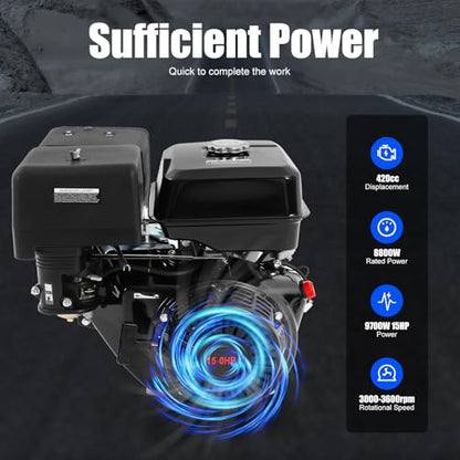 15HP 4-Stroke Gas Engine 420cc OHV Single Cylinder 9700W Max Power 3600rpm Air Cooling Hand Pull Start Low Fuel Consumption with 1.43gal Fuel Tank & Oil Alarm for Compressor, Lawnmower, Go Kar