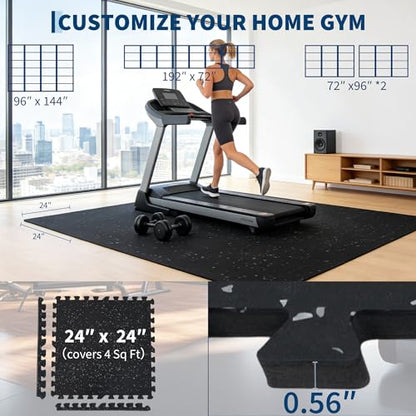0.56-Inch Thick 48 Sq ft Exercise Equipment Mats | 12 Tiles Interlocking High-Density EVA Foam Rubber Puzzle Gym Flooring for Home Gym & Heavy Weight Workouts, 24 x 24 in Black/Gray