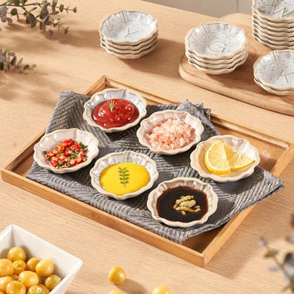 Ceramic Soy Sauce Dish, 2 Oz Beige Dipping Bowls Set, Small Serving Bowls, Set of 2 Mini Dip Plates for Side Dishes, Ketchup, Appetizer, Soy, Vinegar, Sushi, BBQ, Party, Condiments (Q)