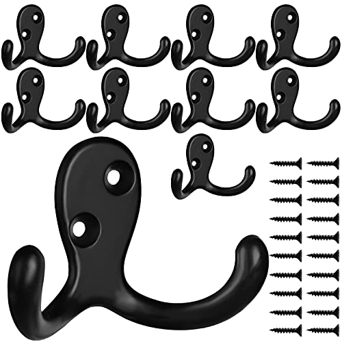 IBosins 10 Pack Black Double Prong Coat Hooks Wall Mounted with 20 Screws - color: 10 Pcs Black