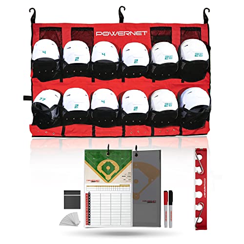 PowerNet On Deck Team Bundle, Team Colors Dugout Organizer for Baseball & Softball, Team Equipment Organizer, Hanging Baseball Glove & Helmet Holder, Fence Bat Rack, Dry Erase Magnetic Lineup Board - color: Red
