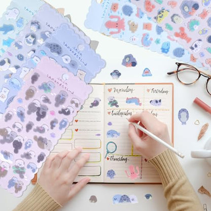 Cute Kawaii Sea Creature Stickers – Soft Flocked Felt 3D Sticker with Lobster,Penguins,Seals,Otters,Sharks & Whales – Textured Stickers for Adults,Scrapbooking & Planner Decor, 6 Sheets