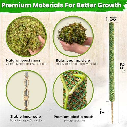 2 Pack 25’’ Mesh Moss Pole for Climbing Plants, Natural Moss Pole Monstera Plant Support, Real Moss Poles for Plants Indoor, Moss Stick for House Plants, Moss Stakes for Climbing Plants