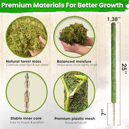 2 Pack 25’’ Mesh Moss Pole for Climbing Plants, Natural Moss Pole Monstera Plant Support, Real Moss Poles for Plants Indoor, Moss Stick for House Plants, Moss Stakes for Climbing Plants