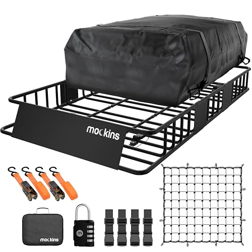 Mockins 64"x39"x6" Extendable Heavy Duty Roof Rack Basket & 16 Cu Ft Waterproof Cargo Bag for Top of Car | 250 Lbs Capacity Steel Rooftop Cargo Carrier for Top of Vehicle with Roof Basket Accessories - size: Basket+Bag: 64"x39"x6"