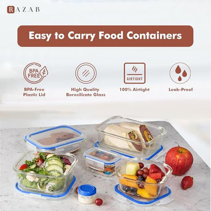 Razab 35 Pc Set Glass Food Storage Containers with Lids - Meal Prep Airtight Bento Boxes BPA-Free 100% Leak Proof (15 lids,15 glass & 5 Plastic Sauce/Dip Containers) - color: Dark Blue