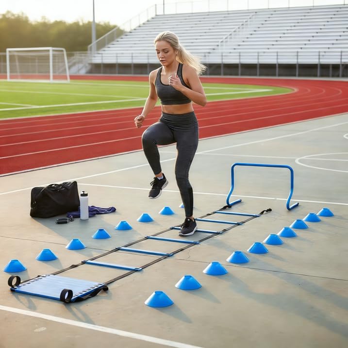 Agility Ladder Training Set, 20ft Speed Ladder with 4 Hurdles, Jump Rope, 12 Soccer Cones & Running Parachute, All-in-One Agility Speed Training Equipment for Soccer, Football, Basketball - color: Yellow