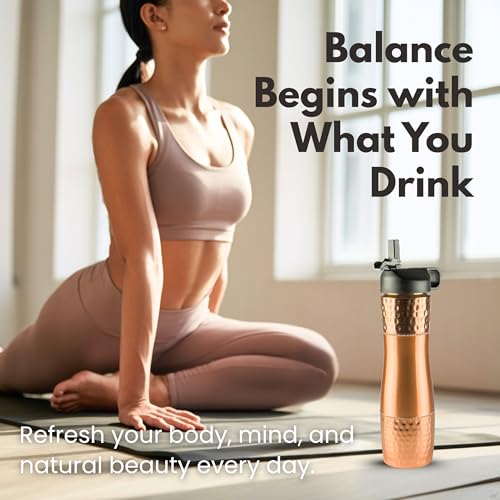 Pure Copper Water Bottle For Drinking Water with Straw and Sports Lid 33.5oz / 950ml Ayurveda Copper Bottle for Ayurvedic Health Benefits, Leak-Proof Split Hammered Design Vessel, Drink Water Daily - color: Black Lid