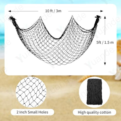 Decorative Fishing Net 5x10 ft,YuanDe 2 Pack Large Black Picture Fish Net, Wall Photo Hanging Fishnet for Nautical Mermaid Pirate Ocean Themed Hawaii Beach Under The Sea Party Decorations