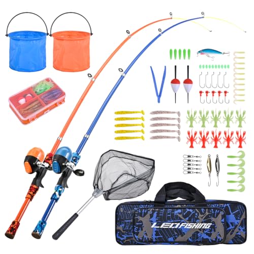 LEOFISHING Portable Kids Fishing Rod Set 2Pack Telescopic Fishing Poles for Boys and Girls Fishing Rod and Reel Combos with Full Kits Fishing Net and Bucket for Toddler Youth