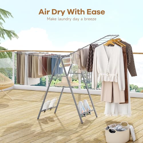 APEXCHASER 6 Height Adjustable Clothes Drying Rack with Shoe Slots, Grey - color: Gray