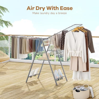APEXCHASER 6 Height Adjustable Clothes Drying Rack with Shoe Slots, Grey - color: Gray