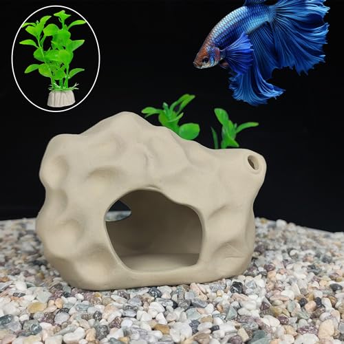 Aquarium Decor Rock Cave for Fish Shrimp Turtle Crab, Betta Fish Tank Decorations Ceramic Hiding Stone, Fish Bowl Landscape Rock with Plastic Plant