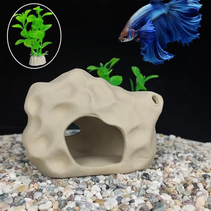 Aquarium Decor Rock Cave for Fish Shrimp Turtle Crab, Betta Fish Tank Decorations Ceramic Hiding Stone, Fish Bowl Landscape Rock with Plastic Plant