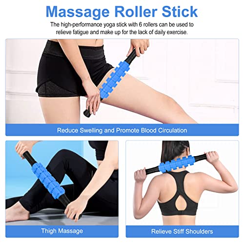 Aucuu 5 in 1 Foam Roller Set Includes Hollow Core Massage Roller, Yoga Stick, Massage Ball, Fitness Stretching Strap, Massage Roller, Carrying Bag, Towel (Blue) - color: Blue