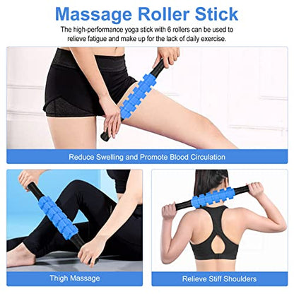 Aucuu 5 in 1 Foam Roller Set Includes Hollow Core Massage Roller, Yoga Stick, Massage Ball, Fitness Stretching Strap, Massage Roller, Carrying Bag, Towel (Blue) - color: Blue
