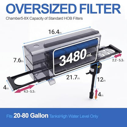 3-Tier Wet-Dry Trickle Aquarium Filter, Smoke Clear Filter Box, 476 GPH 3-in-1 Water Pump, Ultra Quiet, Adjustable Bracket, Easy Maintenance, For 20-80 Gallon Freshwater Saltwater Turtle Tanks