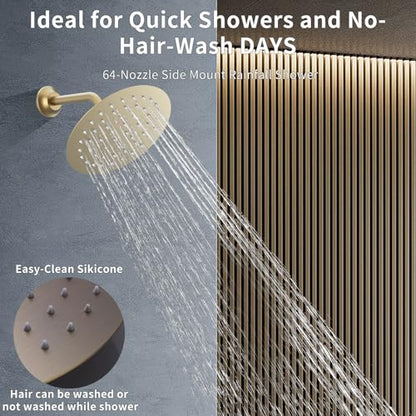 12Inch Brushed Gold Ceiling Shower System & 8Inch Wall-Mount Shower Faucet Set, 2 in 1 Handheld with Adjustable Slide Bar Included Temperature Display Valve and Trim Kit Can Work At Once